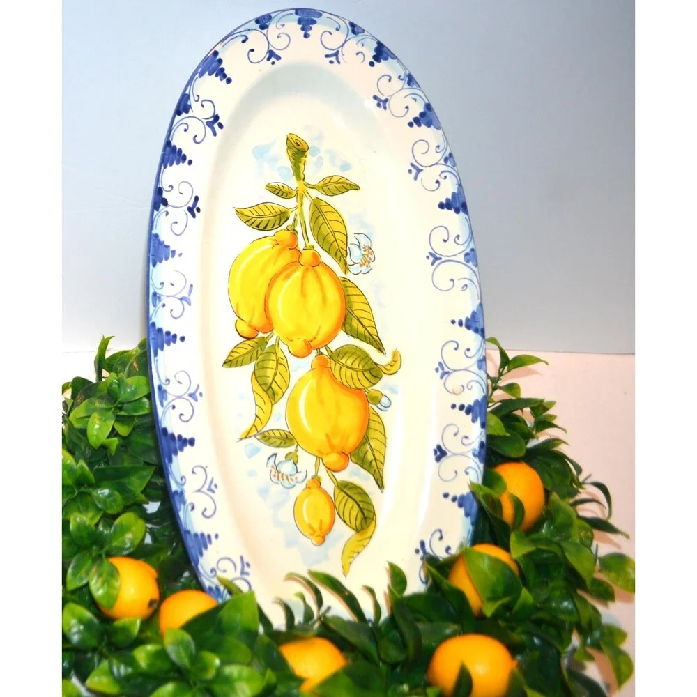 Vintage Lemons & Royal Hand Painted Italian Dipinto A Mano Wall or Tabletop